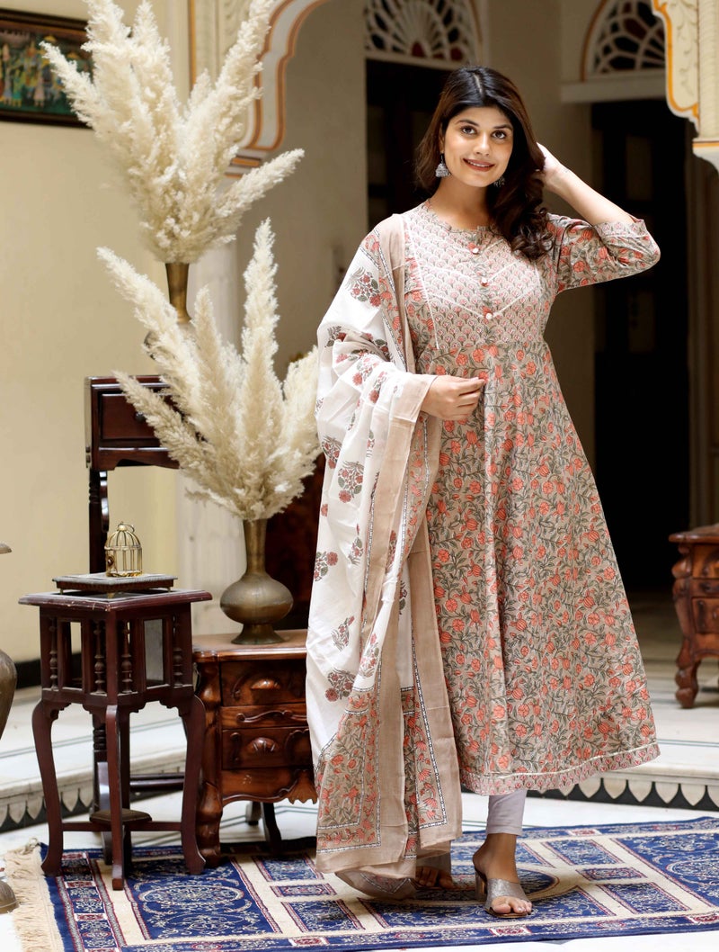 Miravan Brown Floral Cotton Anarkali Kurta with Dupatta for Women - Image 4